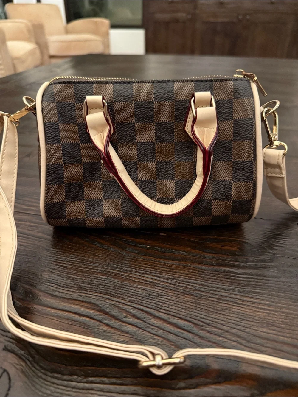 Checker-Pattern Kids Mini Satchel in Brown and Cream